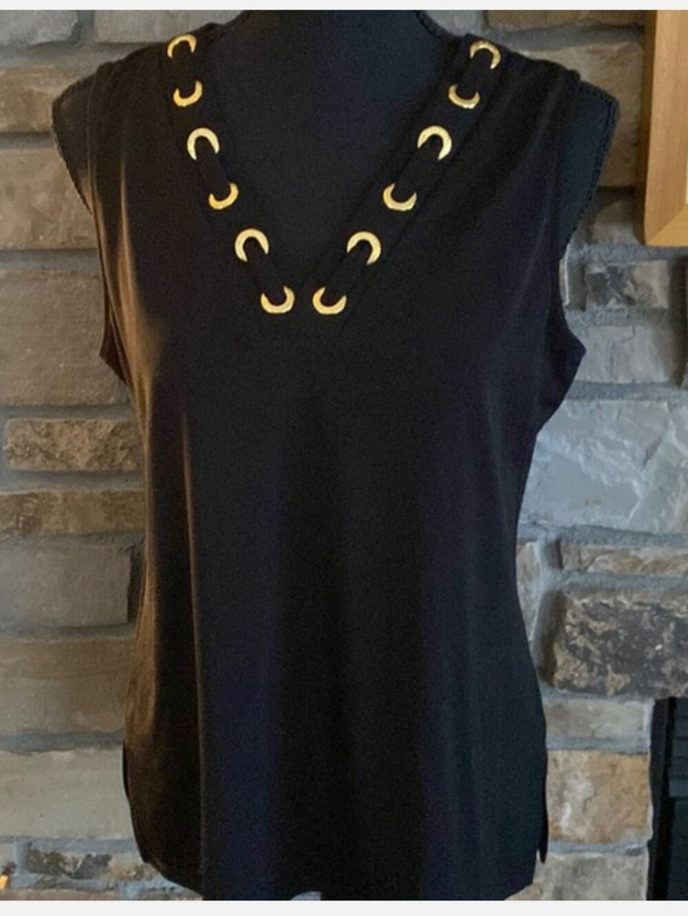 NWOT Carmen Black Sleeveless V-Neck Tank Top with Gold Ring Trim Size 2X